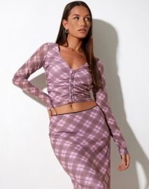 Pink Checkered Print Long Sleeve Plunge Neck Crop Top at Motel